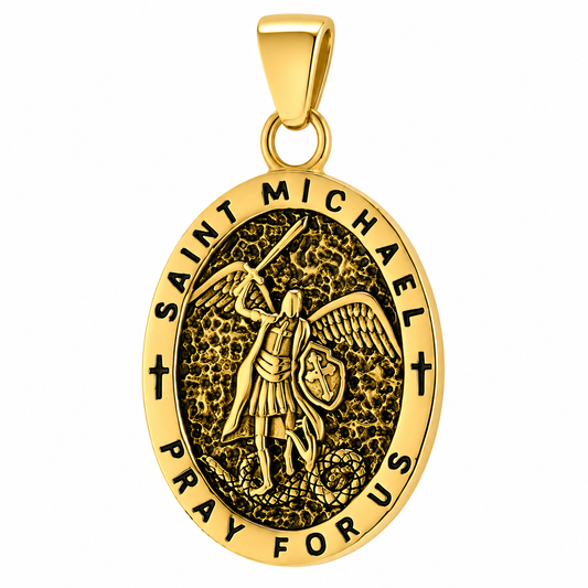 18k Gold PVD Stainless Steel St Michael Pray For Us Catholic Christian Pendant