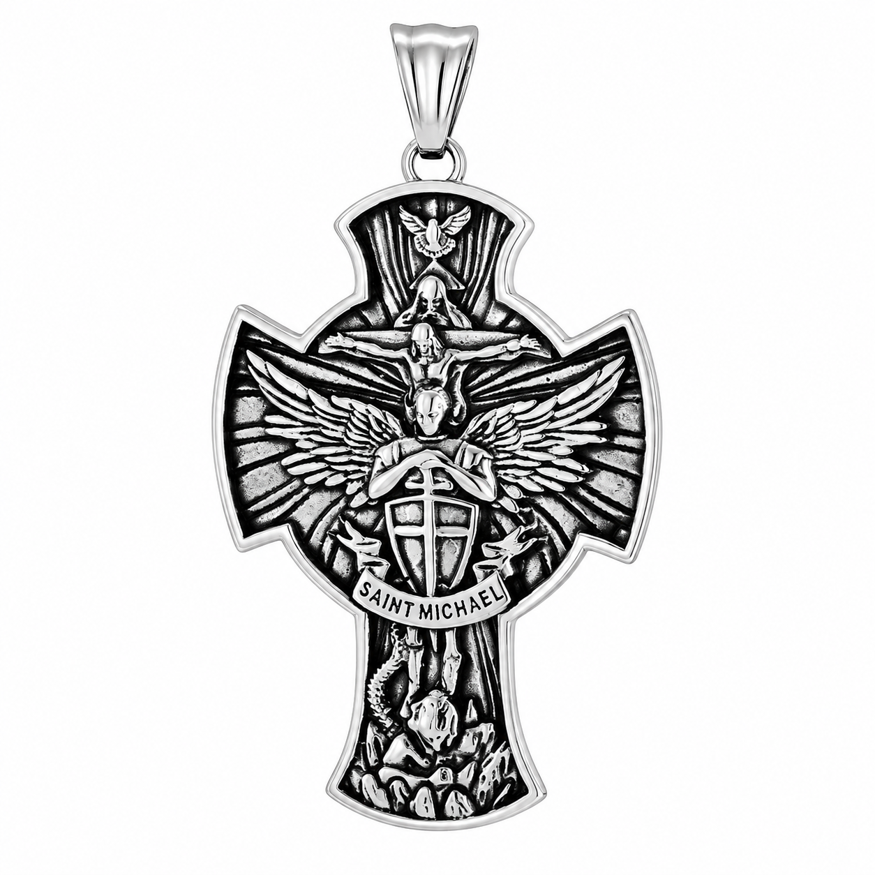 Stainless Steel Jesus Crucifix Saint Michael Dove Christian Catholic Pendant
