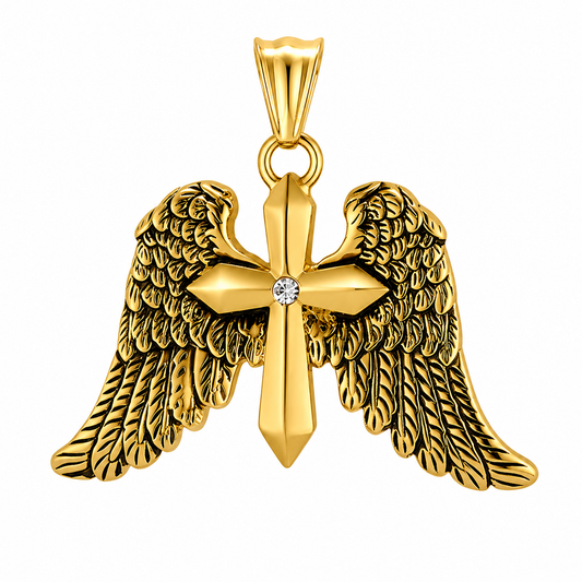 18k Gold PVD Stainless Steel Angel Wings Cross Heavenly Christian Charm Pendant