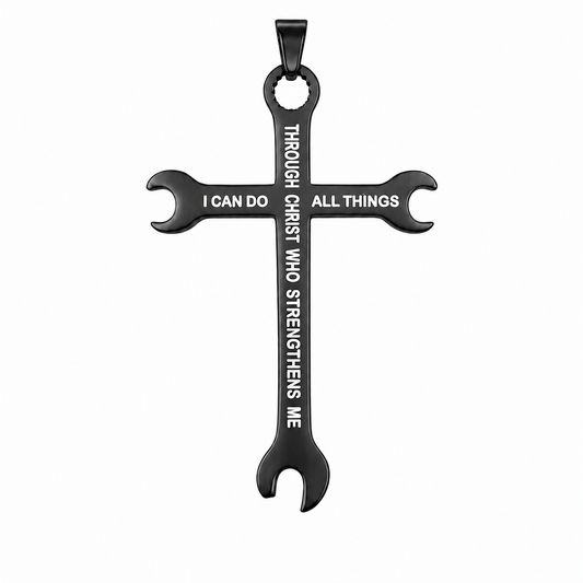 Black PVD Stainless Steel Wrench Cross I Can Do All Things Christ Charm Pendant