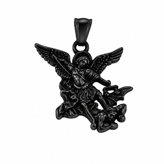 Black PVD Stainless Steel Angel Fighting Demon Spiritual Warfare Pendant
