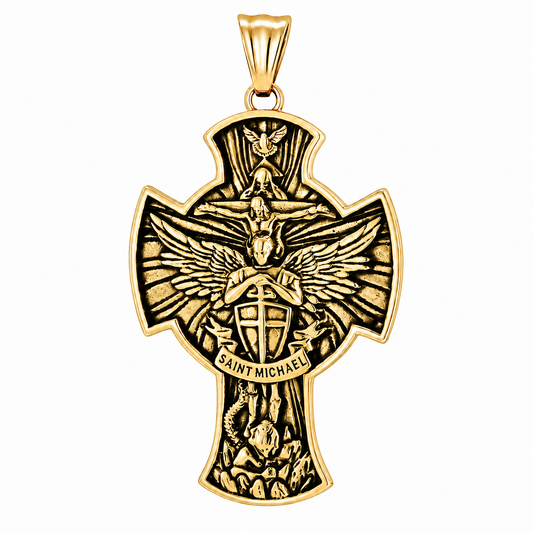 18k Gold PVD Stainless Steel Jesus Crucifix Saint Michael Dove Christian Pendant