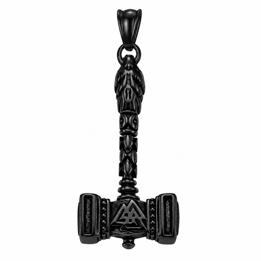 Black PVD Stainless Steel Valknut Norse Hammer Mjolnir Thor Charm Pendant