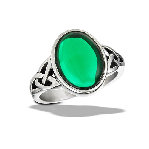 Stainless Steel Oval Emerald CZ Cabochon With Double Triquetras