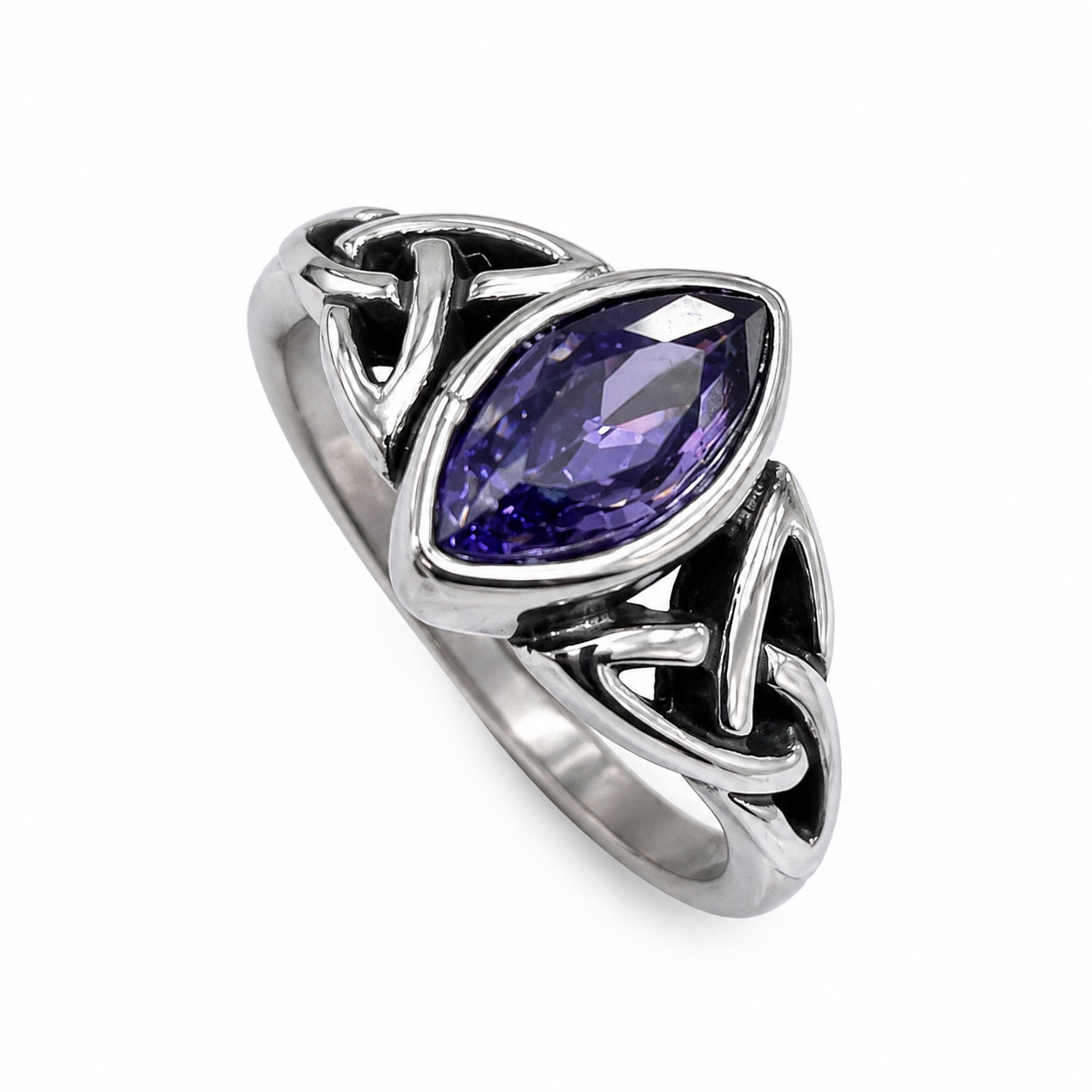 Stainless Steel Marquise Purple CZ Celtic Knot Oxidized Ring