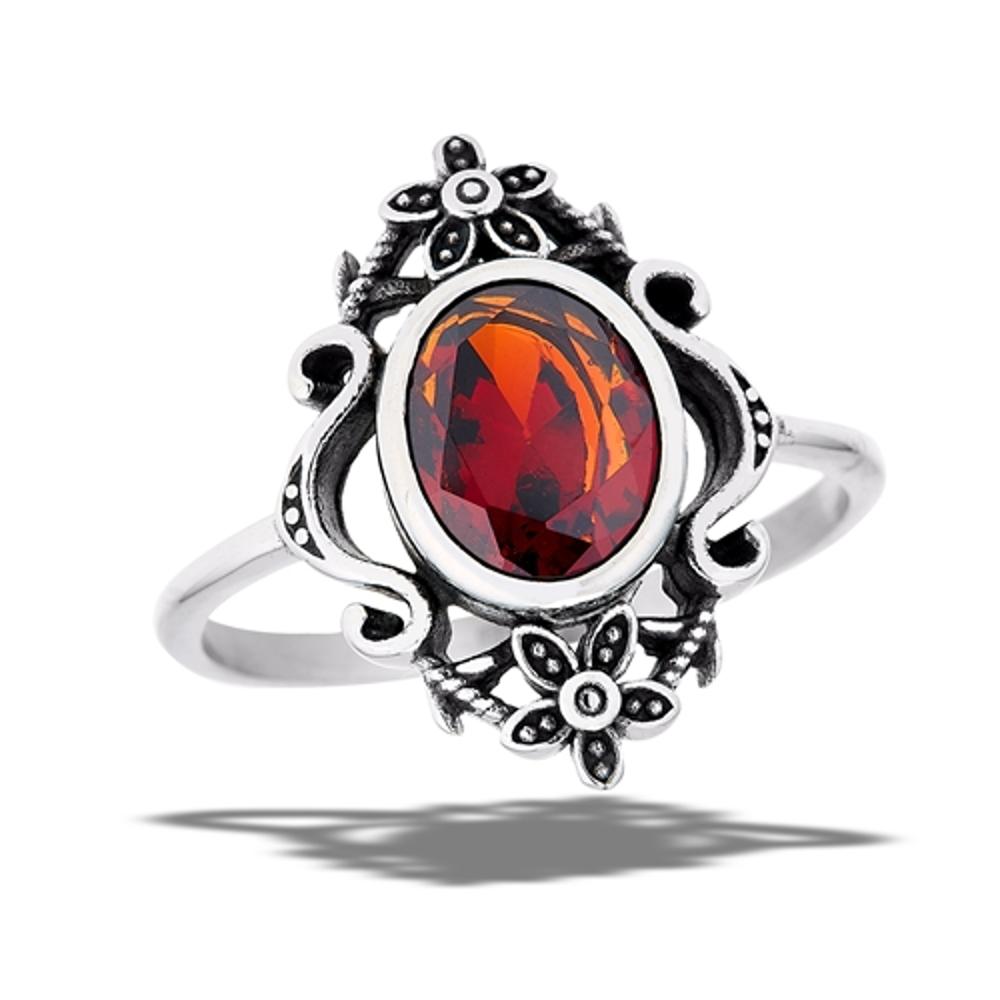 Stainless Steel Oval Garnet CZ Flower Wide Oxidized Ring