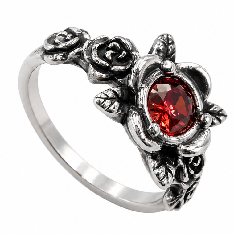 Stainless Steel Rose Flower Red CZ Oxidized Ring