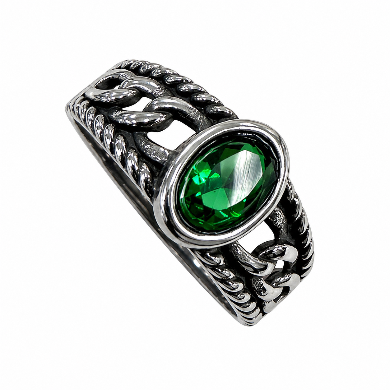 Stainless Steel Green CZ Oval Curb Link Chain Ring