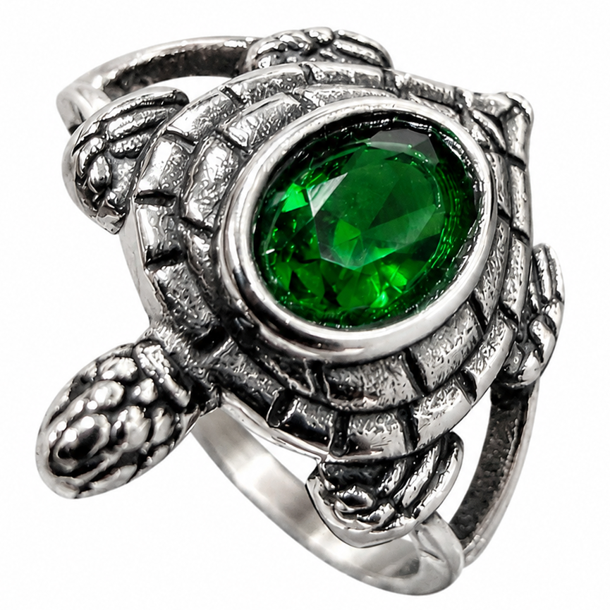 Stainless Steel Turtle Emerald CZ Animal Ocean Ring