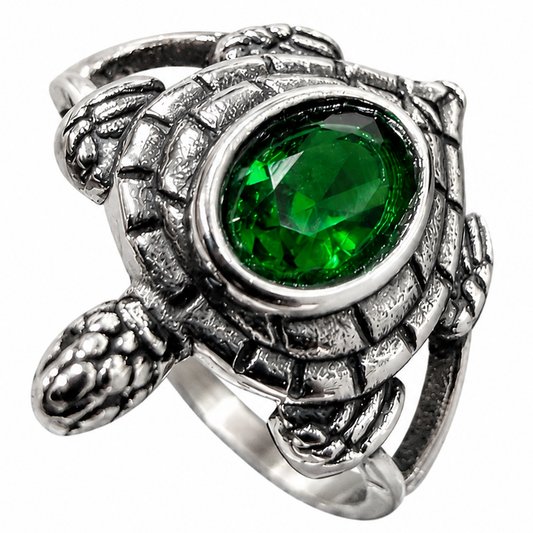 Stainless Steel Turtle Emerald CZ Animal Ocean Ring