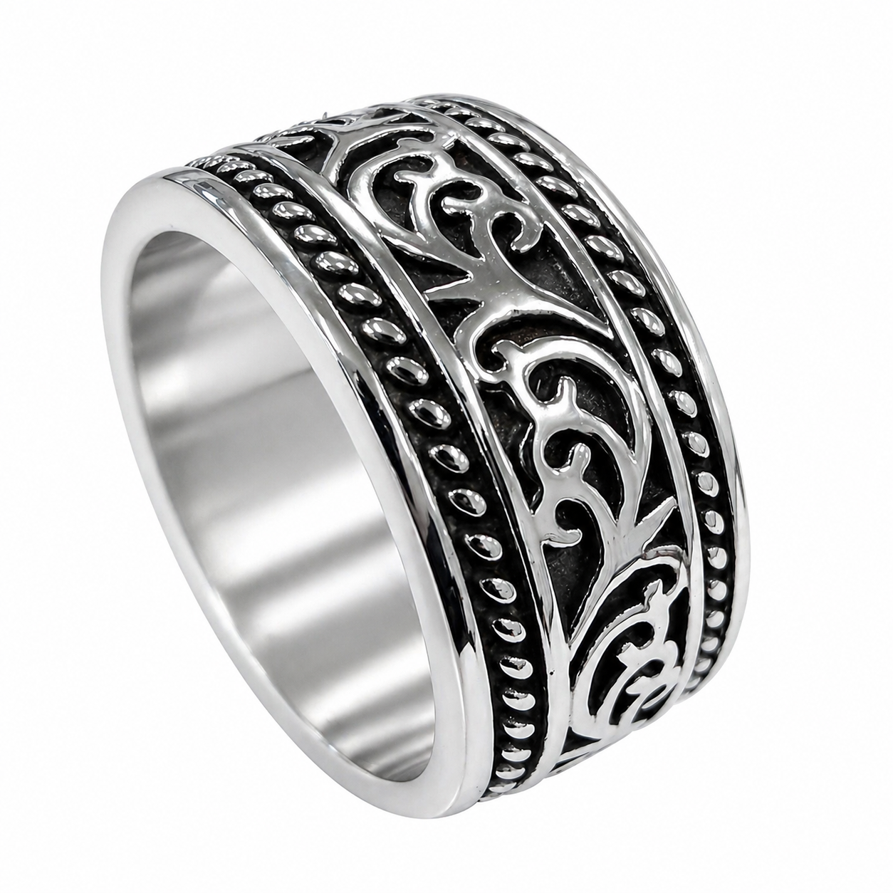 Stainless Steel Filigree Milgrain Wide Band Ring