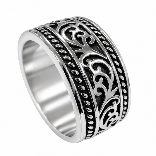 Stainless Steel Filigree Milgrain Wide Band Ring