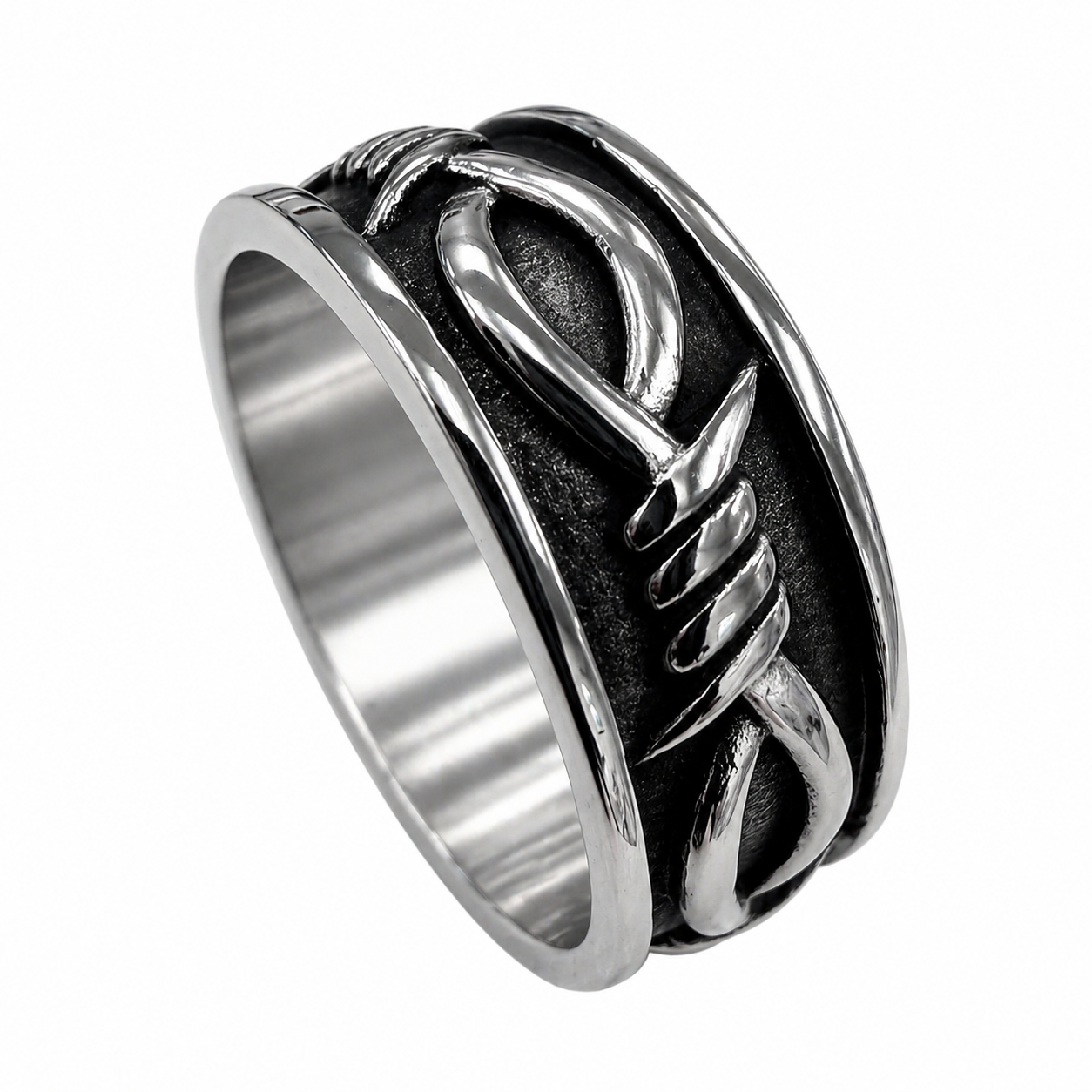 Stainless Steel Wide Barbed Wire Mens Oxidized 7.9mm Band Ring