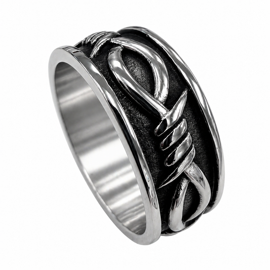 Stainless Steel Wide Barbed Wire Mens Oxidized 7.9mm Band Ring