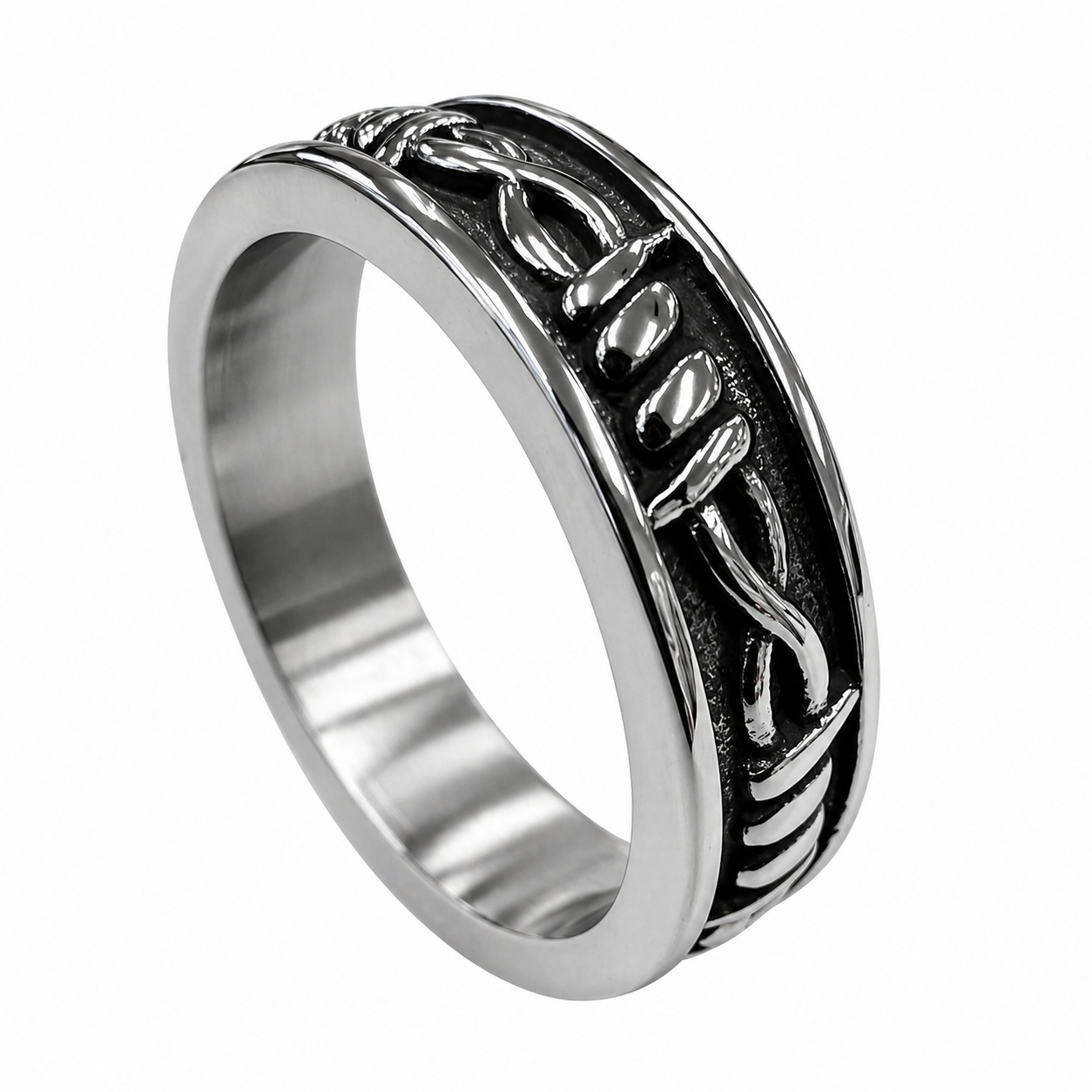 Stainless Steel Wide Barbed Wire Mens Oxidized 4.9mm Band Ring