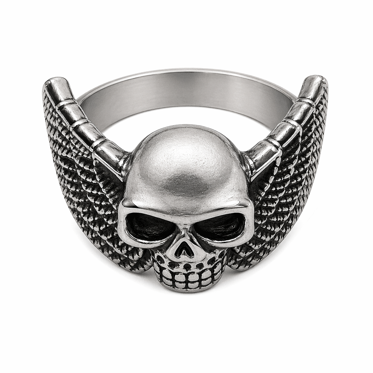 Stainless Steel Biker Skull Angel Wings Ring