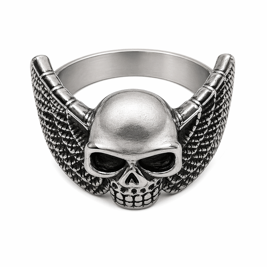 Stainless Steel Biker Skull Angel Wings Ring