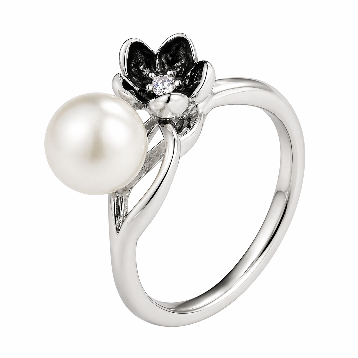 Stainless Steel Flower Clear CZ Simulated Pearl Ring