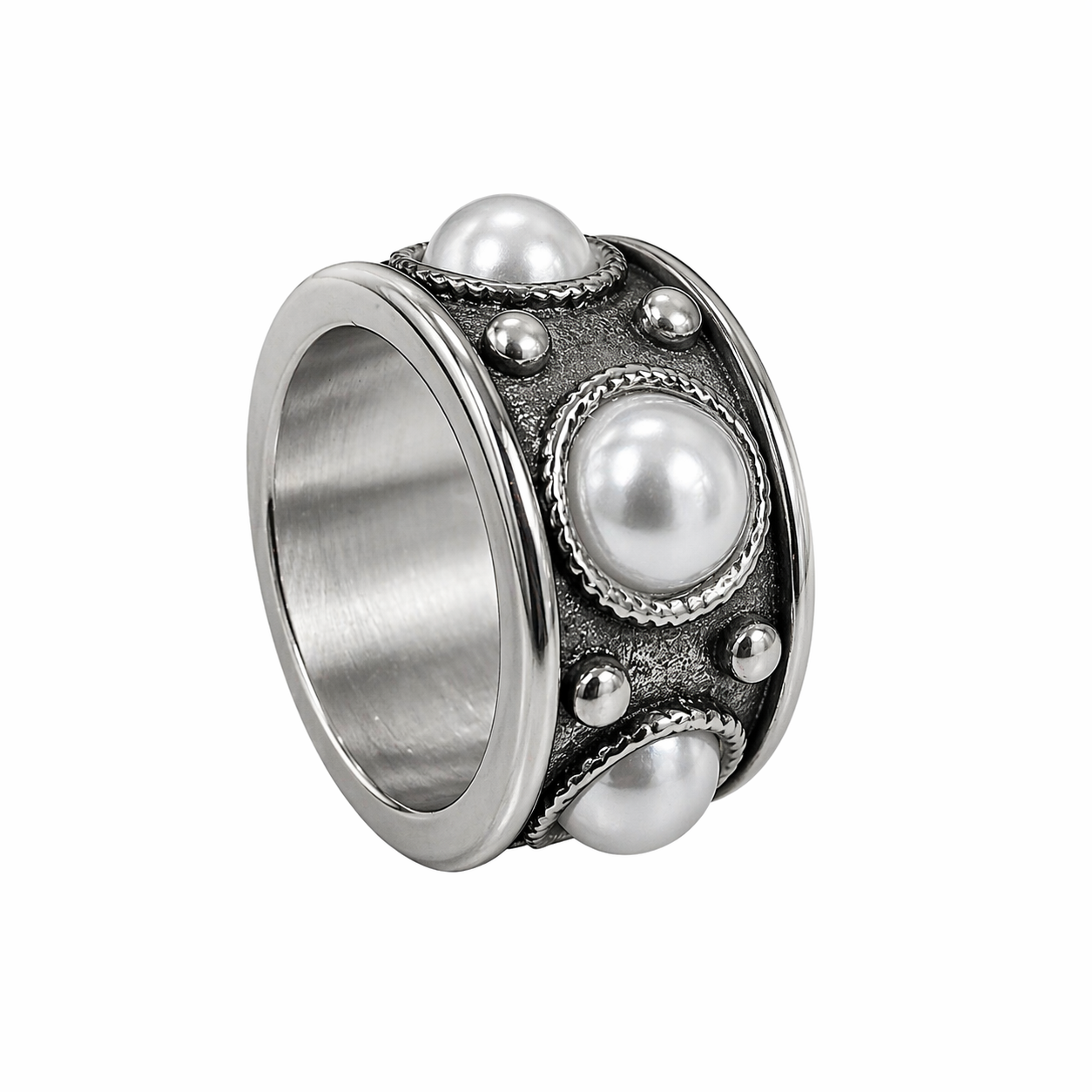 Stainless Steel Simulated Pearl Bead Eternity Band Ring