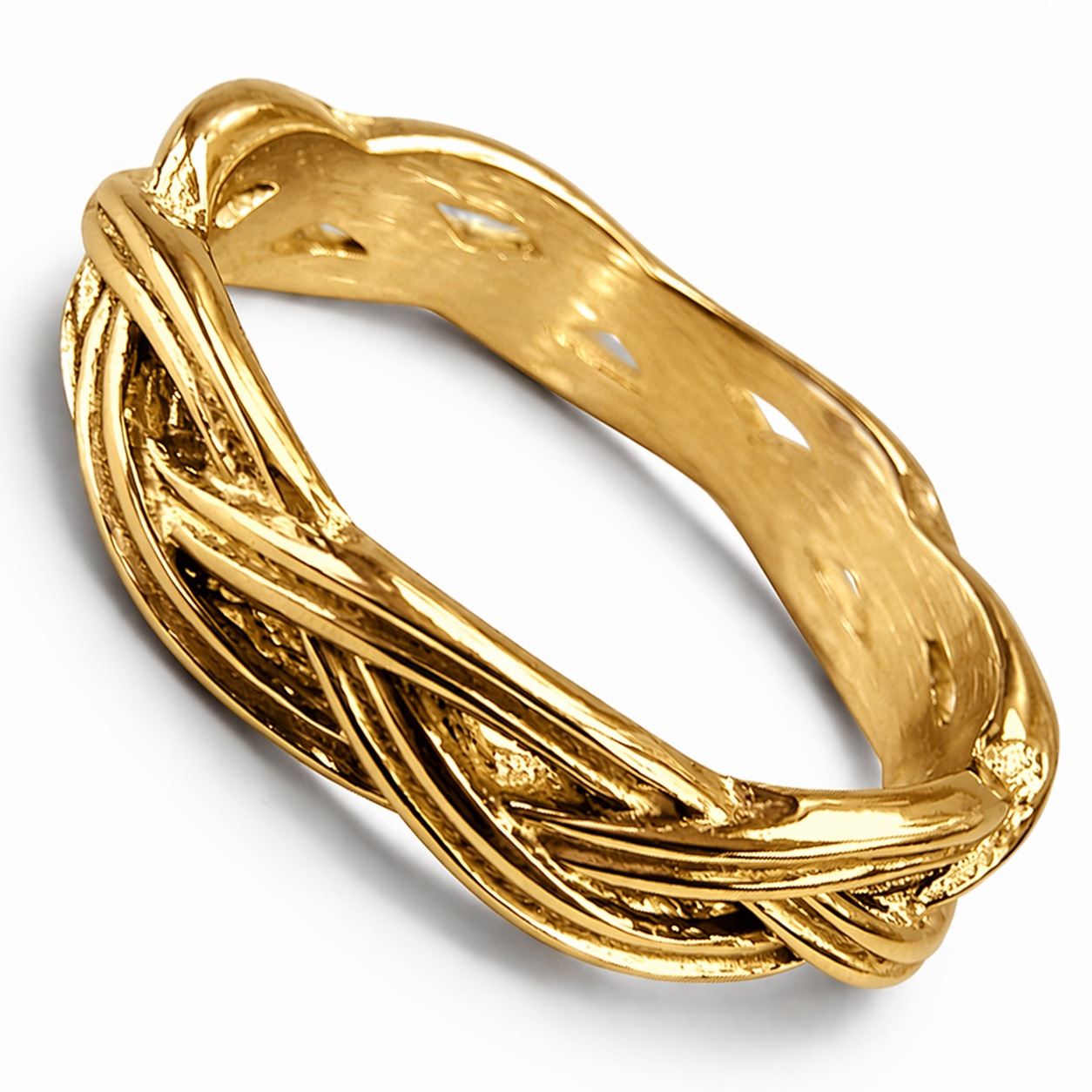 18k Gold PVD Stainless Steel Criss Cross Knot Weave Band Ring