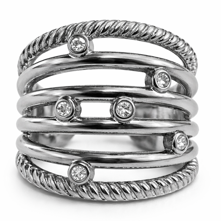 Stainless Steel Wide White CZ Open Band Ring