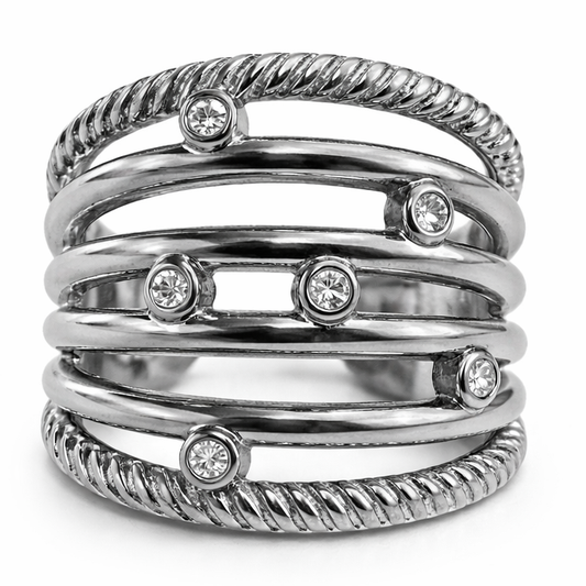 Stainless Steel Wide White CZ Open Band Ring