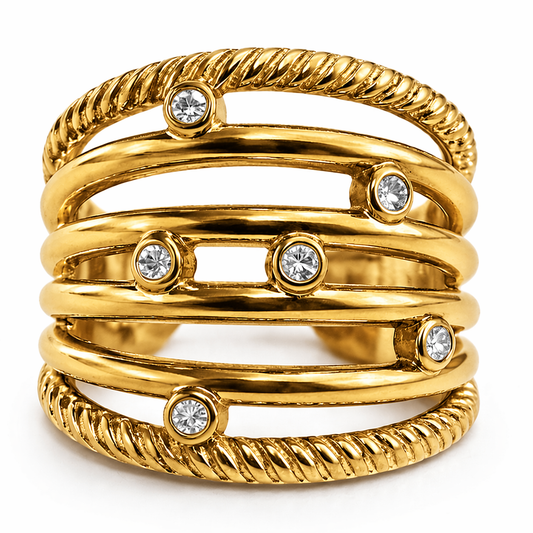 18k Gold PVD Stainless Steel Wide White CZ Open Band Ring