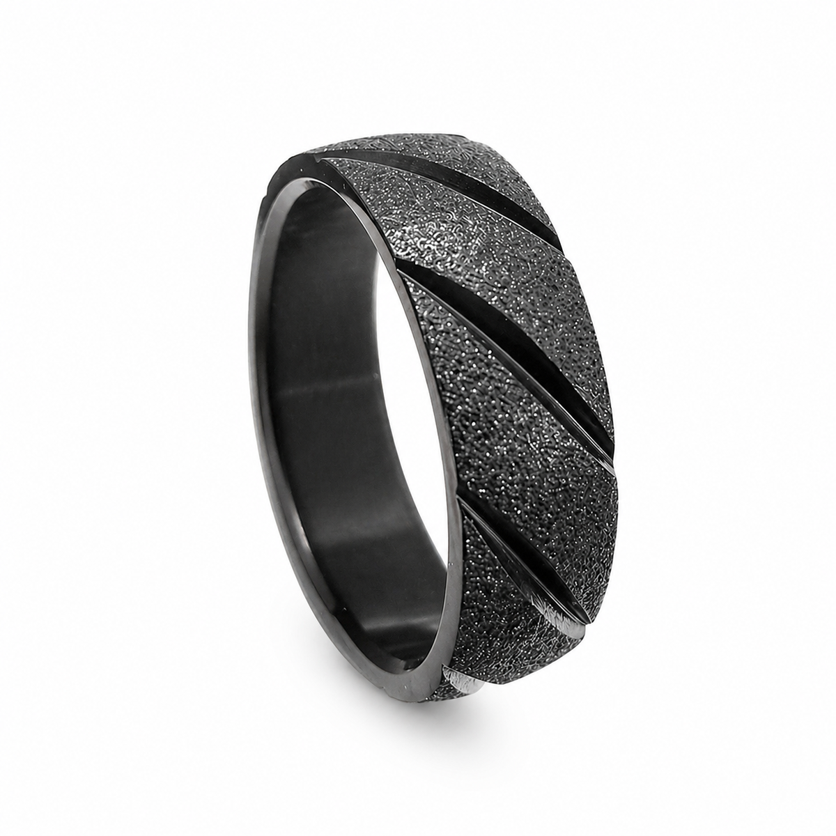 Black PVD Stainless Steel Slash Sparkle Texture Wedding Band Ring