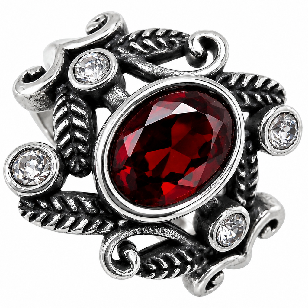 Stainless Steel Garnet CZ Clear CZ Leaf Flower Ring