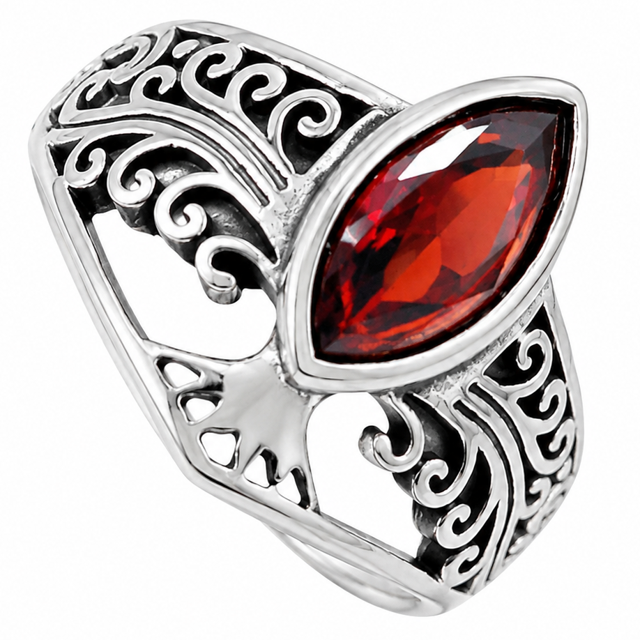 Stainless Steel Tree of Life Garnet CZ Oxidized Ring