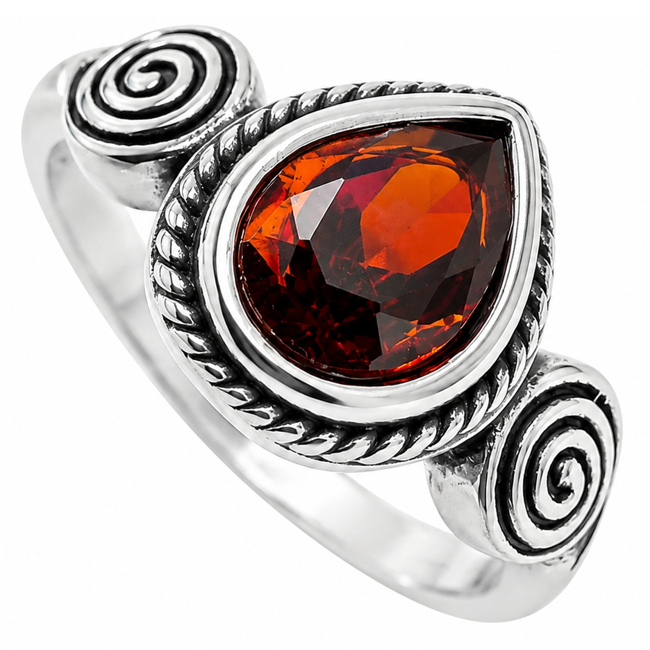 Stainless Steel Teardrop Pear Garnet CZ Swirl Spiral Ring