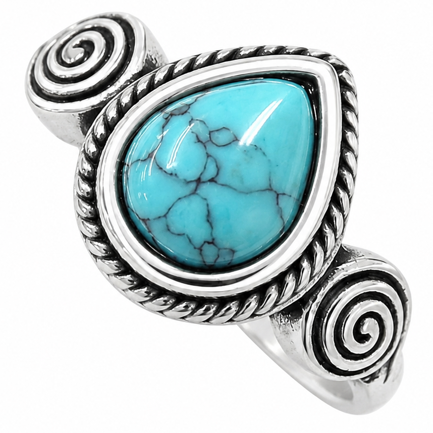 Stainless Steel Teardrop Pear Turquoise Swirl Spiral Ring