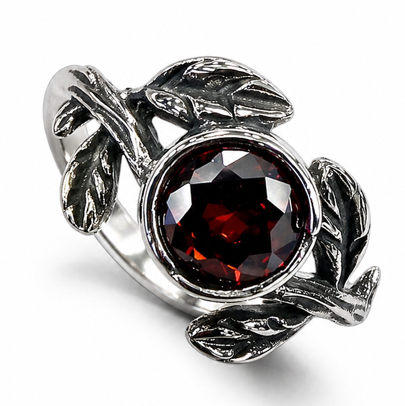Stainless Steel Round Red CZ Flower Rose Stem Ring