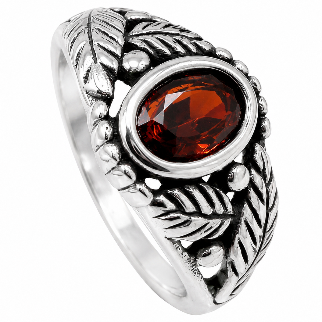 Stainless Steel Garnet CZ Leaf Garden Flower Ring