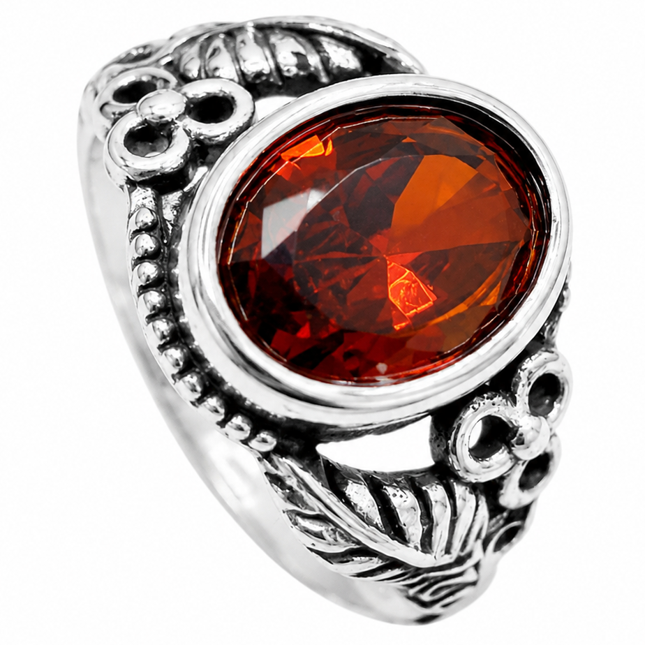 Stainless Steel Garnet CZ Leaf Garden Flower Ring