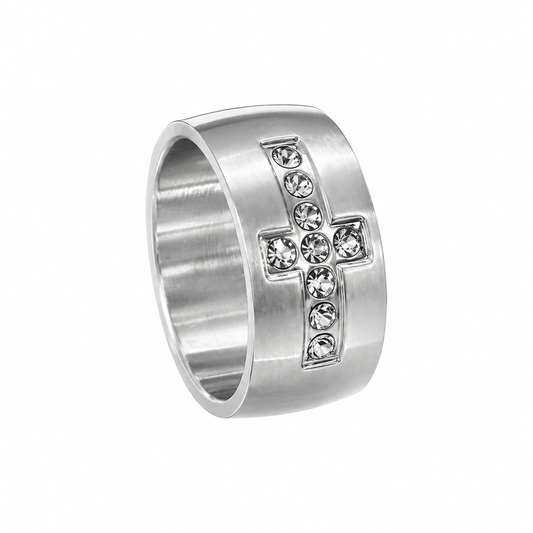 Stainless Steel Christian Cross Wide Band Ring