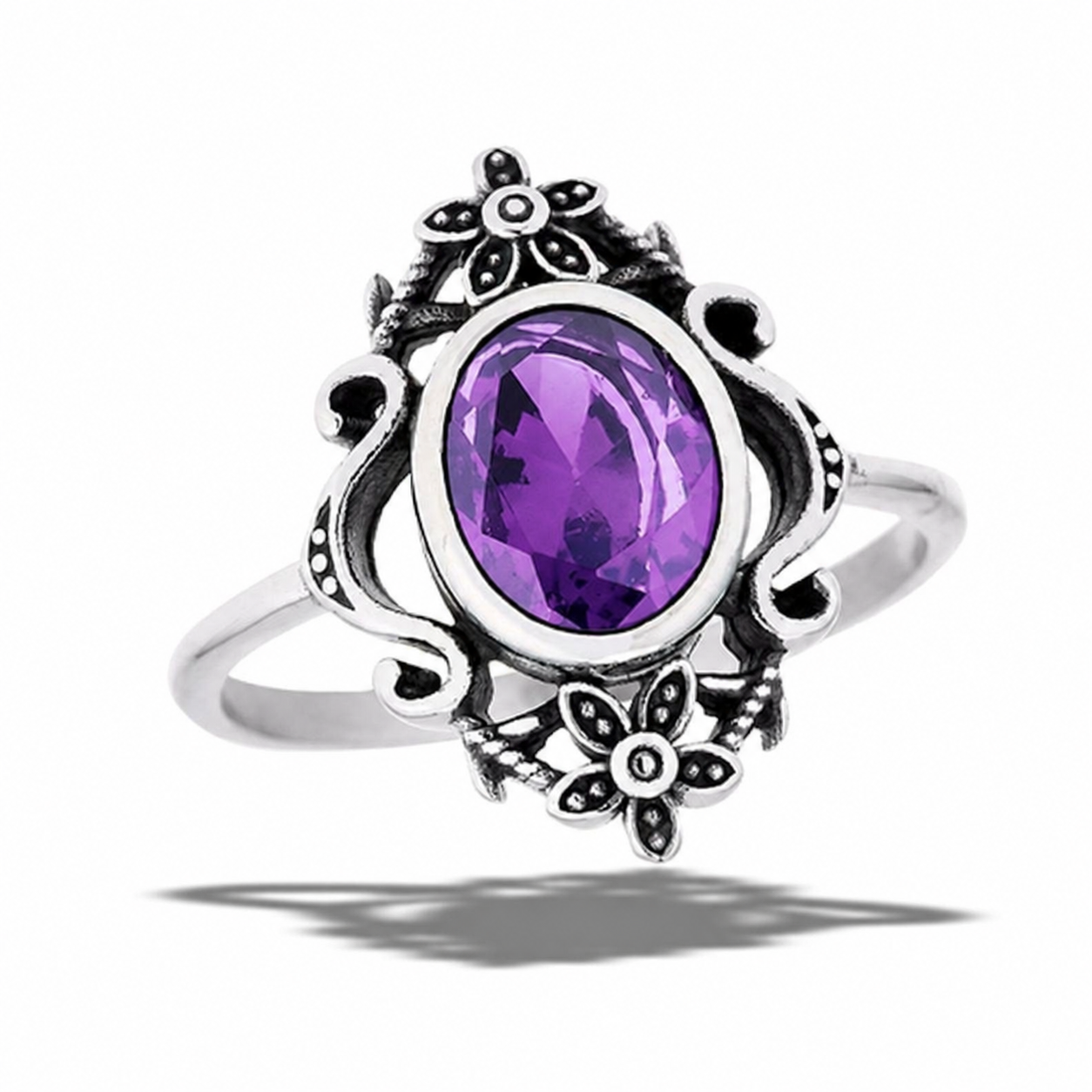 Stainless Steel Wide Amethyst CZ Flower Bouquet Filigree Ring