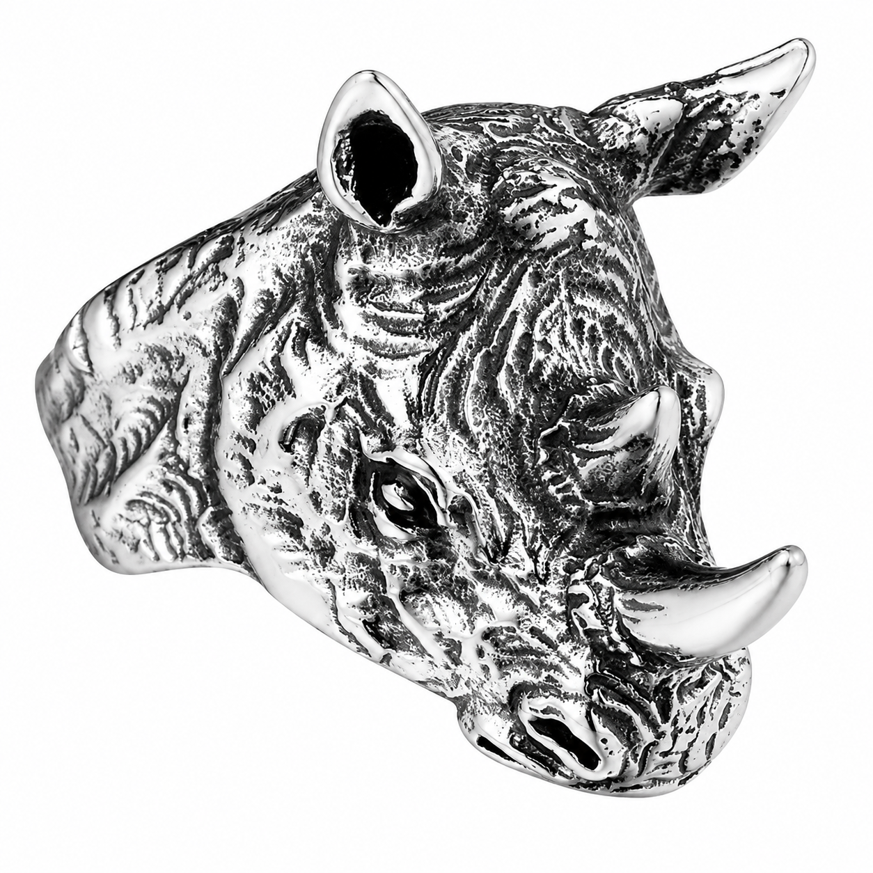 Stainless Steel Rhinoceros Head Horn Tusk African Animal Ring