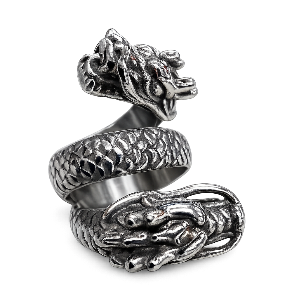 Stainless Steel Large Double Headed Dragon Twisted Body Ring