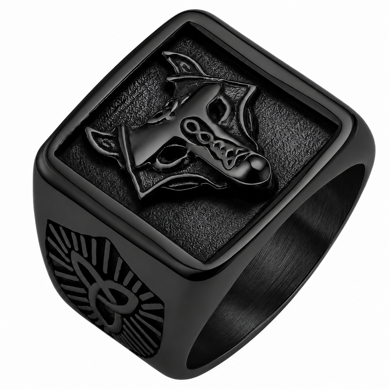 Black PVD Stainless Steel Egyptian Anubis Triquetra Animal Fox Ring