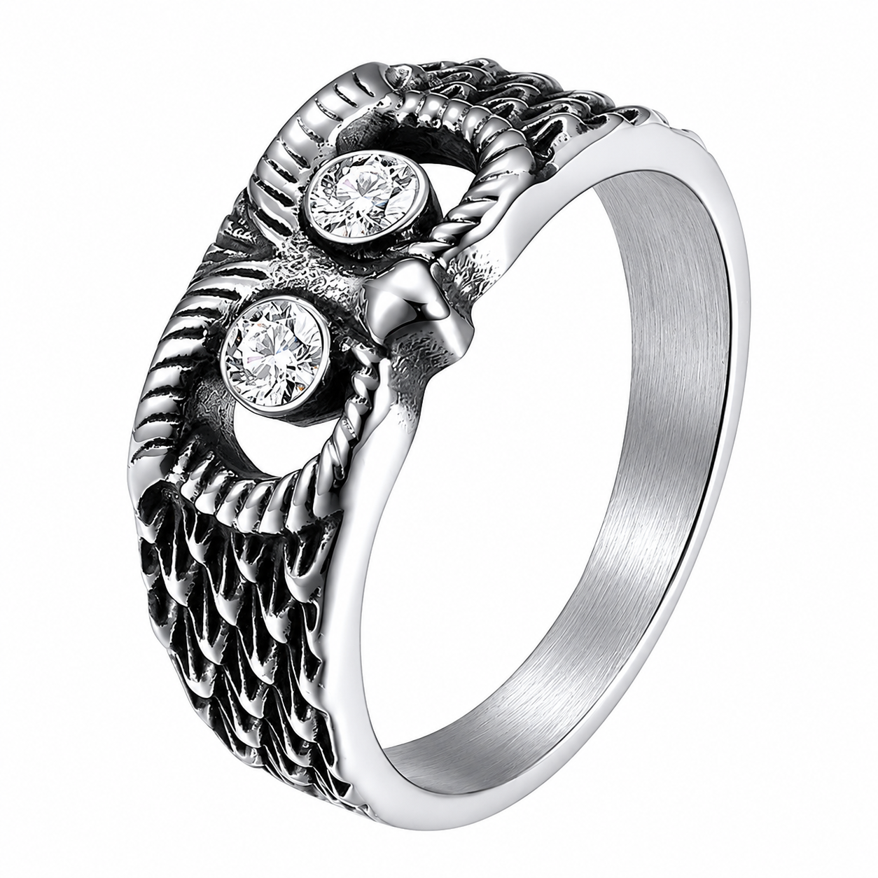 Stainless Steel Owl Head Clear CZ Eyes Wise Animal Ring