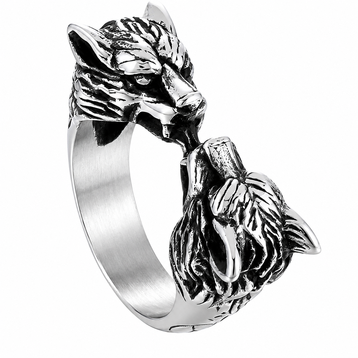 Stainless Steel Double Headed Fox Wolf Animal Ring