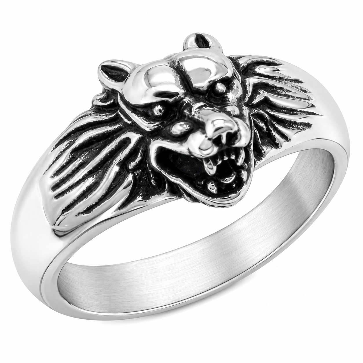 Stainless Steel Wolf Head Animal Dog Ring
