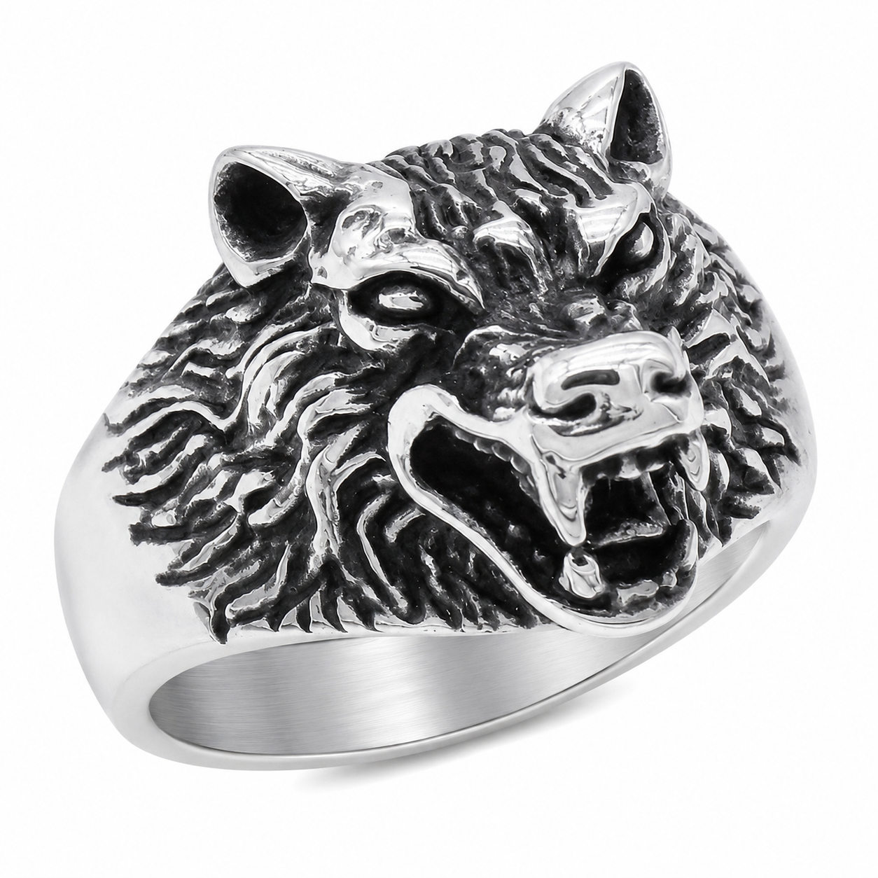 Stainless Steel Wolf Head Animal Dog Ring