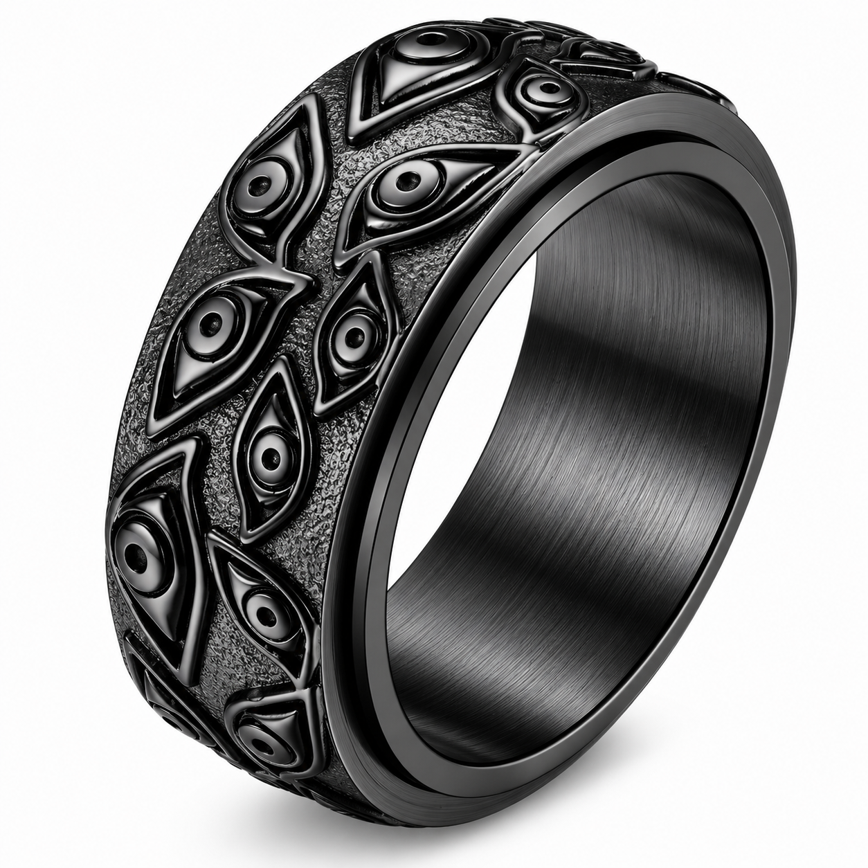 Black PVD Stainless Steel Evil Eye Spinner Eternity Band Ring