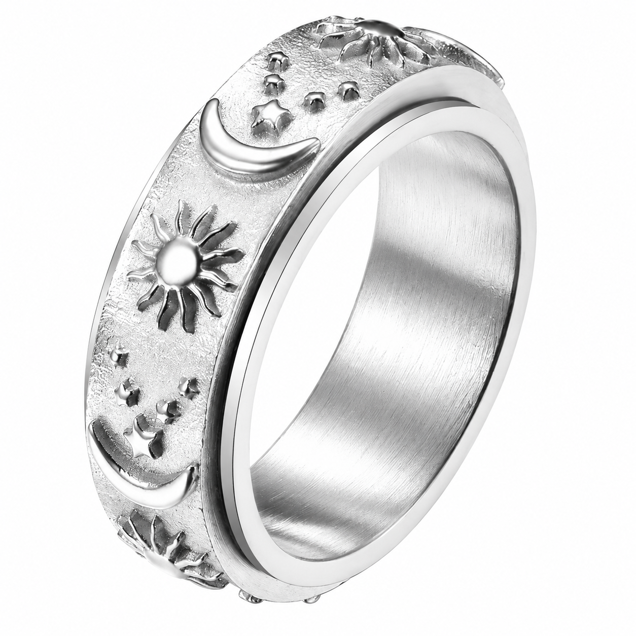 Stainless Steel Sun Moon Eternity Spinner Celestial Ring