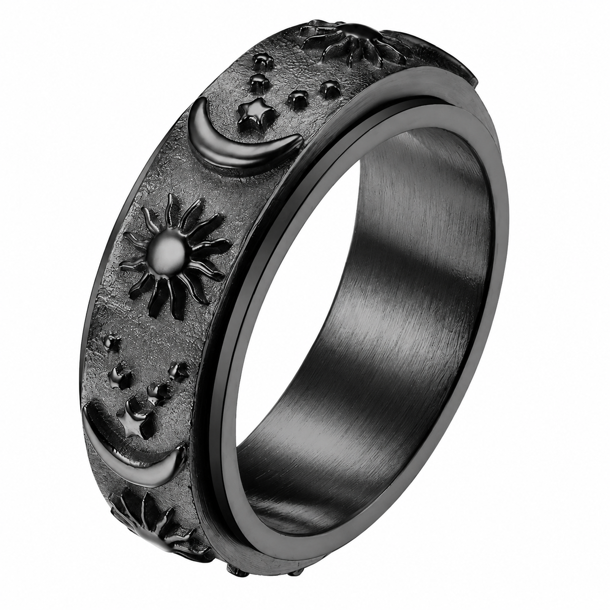Black PVD Stainless Steel Sun Moon Eternity Spinner Celestial Ring
