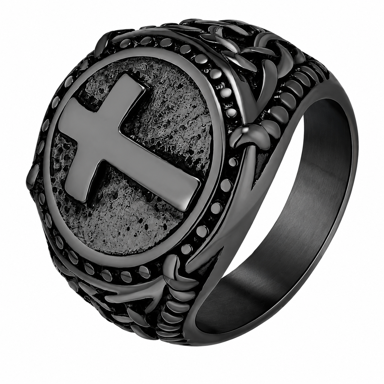 Black PVD Stainless Steel Christian Cross Signet Jesus Ring
