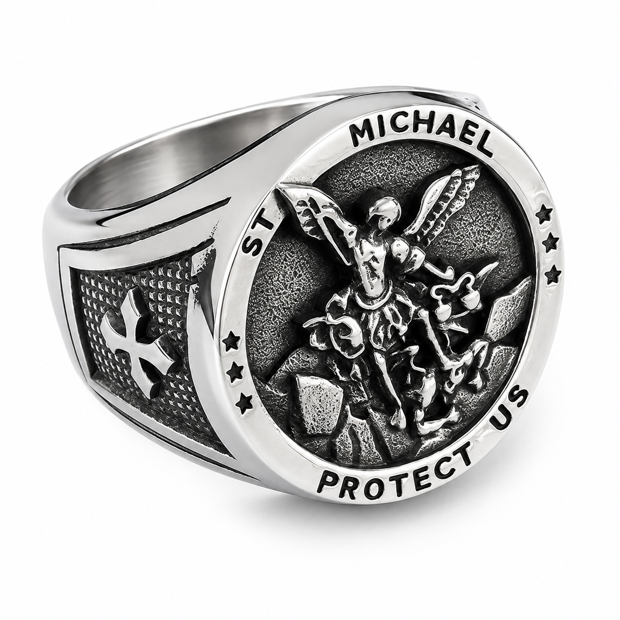 Stainless Steel Saint St Michael Protect Us Catholic Ring
