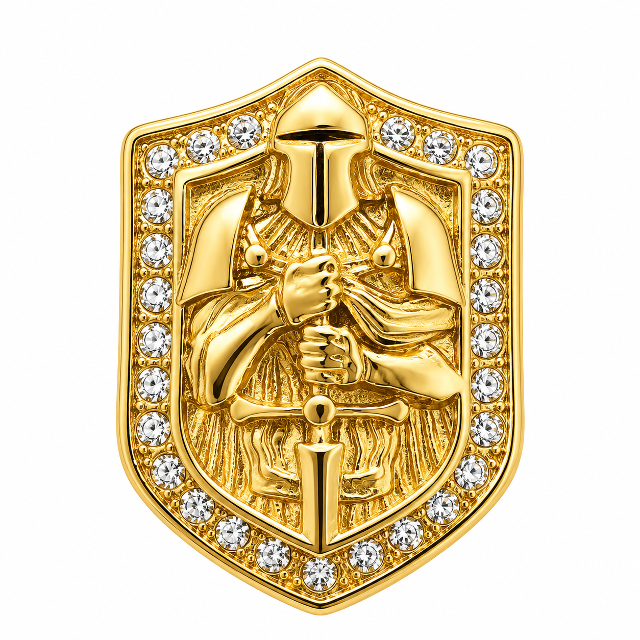 18k Gold PVD Stainless Steel Knight Shield Clear CZ Ring